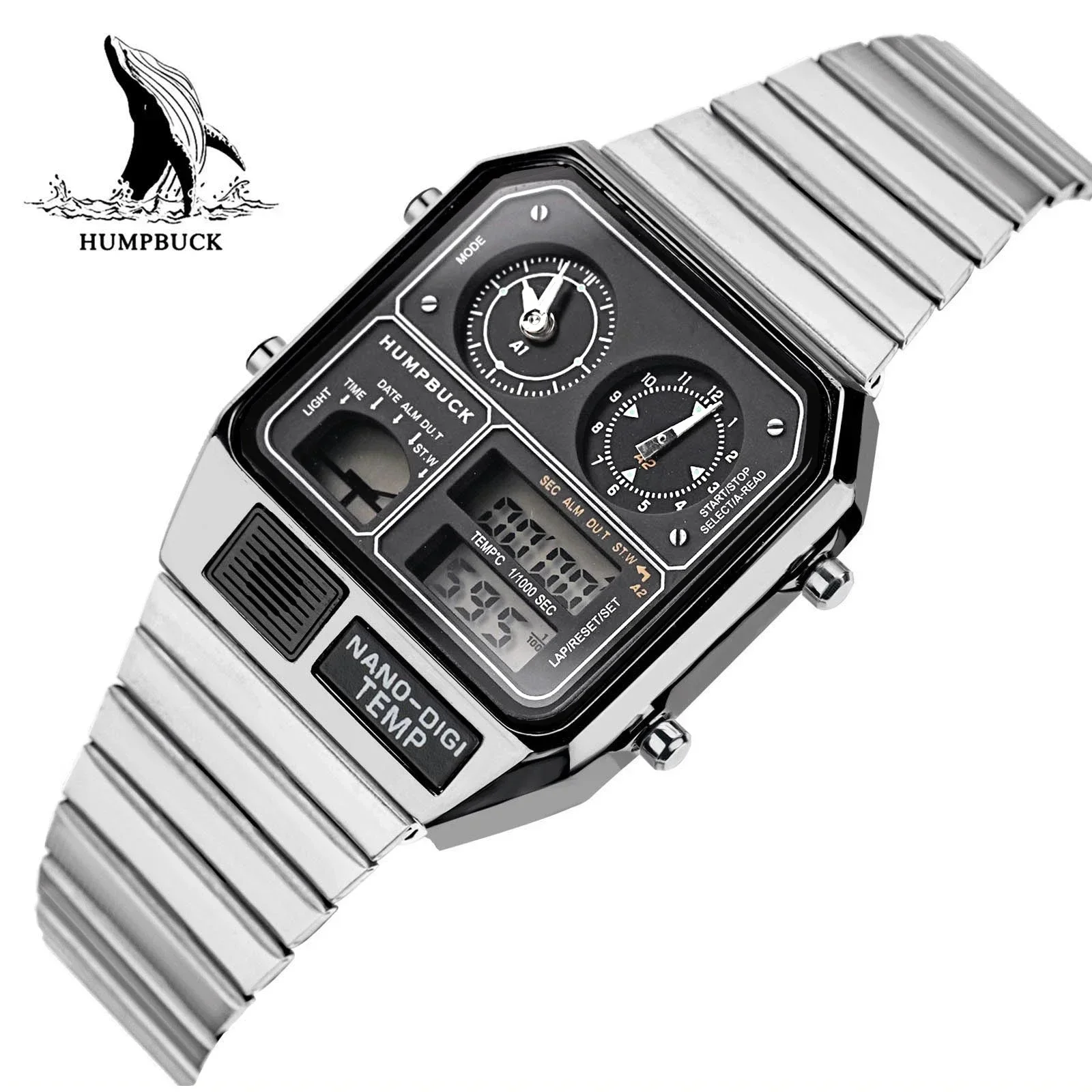 HUMPBUCK Watch for Men Multifunctional Stainless Steel Dual Display with LED Light and 1/1000 Second Chronograph