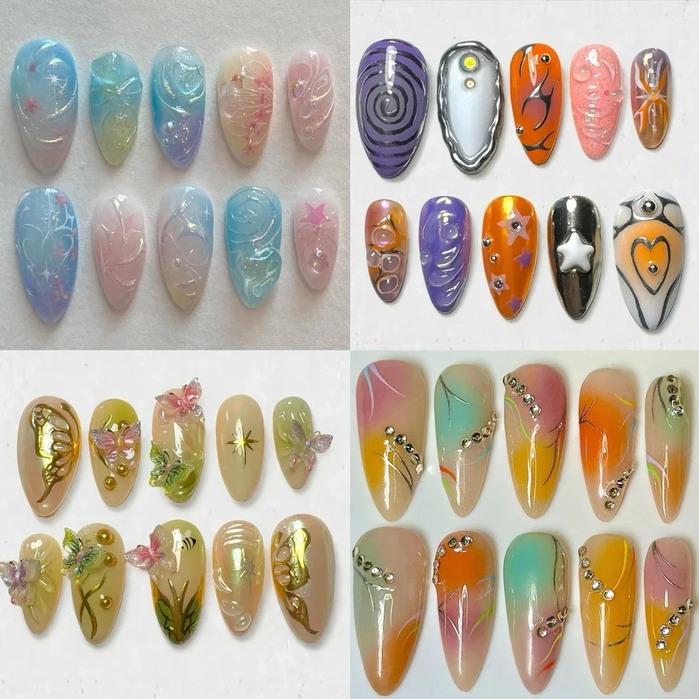 

3D Flowers Color Gel Press On Fake Nail Art Romantic Spring Flowers Butterfly Portable Handwork Fake Nails Women's Gift
