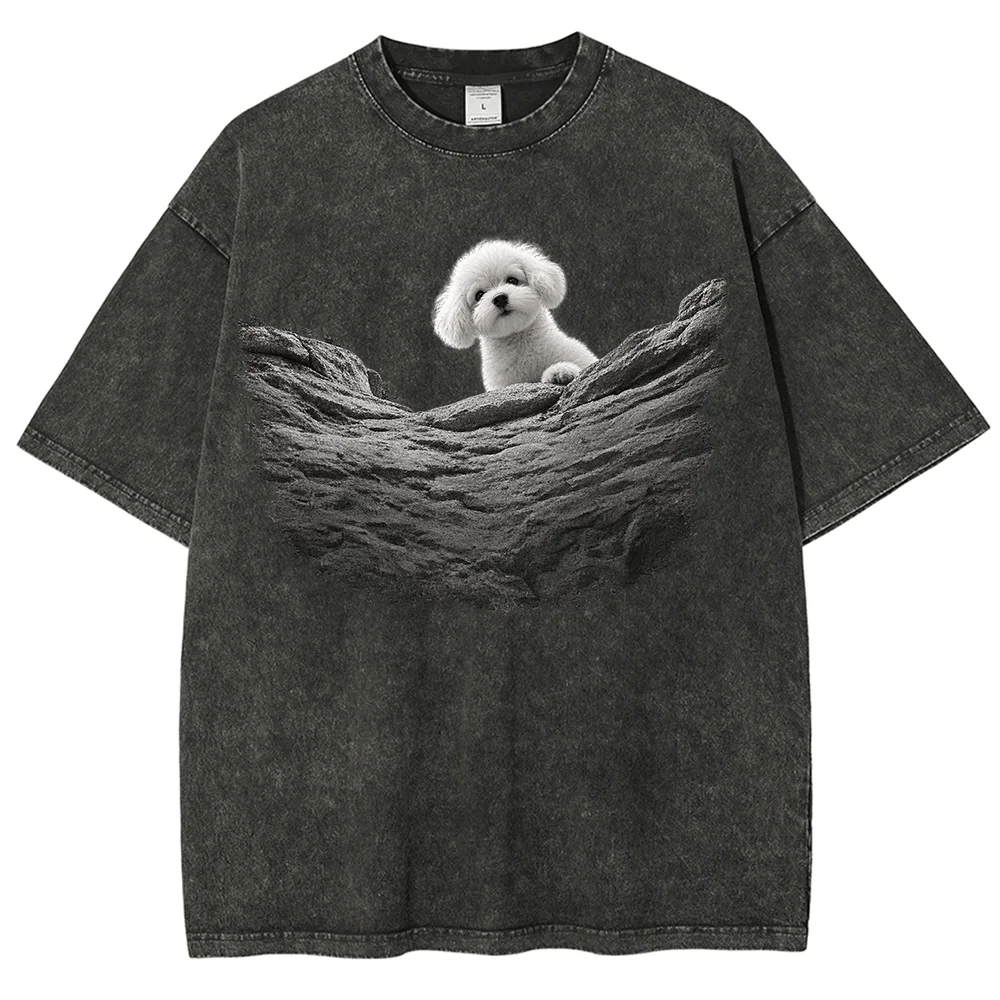 Unisex T Shirt Cute Maltipoo Dog Graphic Vintage Washed Oversized Tee Retro Acid Wash Heavyweight Cotton Short Sleeve Casual Top