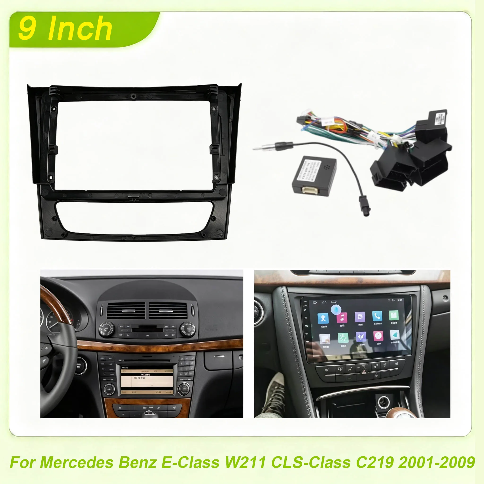 9 Inch 2DIN Car Radio Fascia Frame Wiring Harness With Canbus For Mercedes Benz E‑Class W211 CLS‑Class C219 2001‑2009