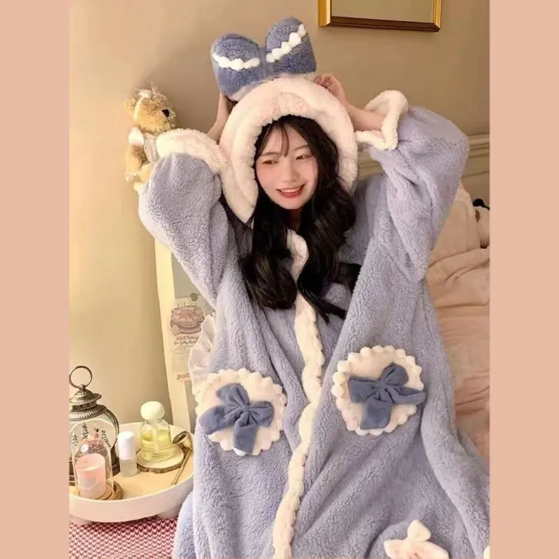 Sweet bow princess style nightgown, women's autumn and winter coral fleece thick sleepwear outer nightgown home clothes bathrobe