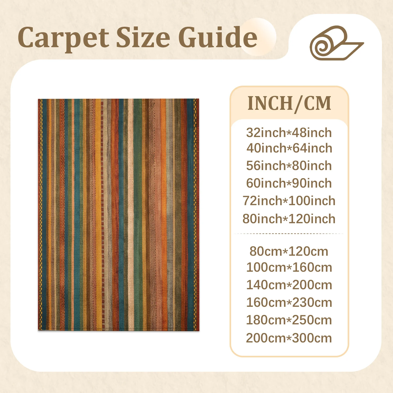 Large Indoor Area Rug, Soft Velvet Low Pile Non-slip Machine Washable Striped Area Rug for Living Room Bedroom, Warm Multi-color Rustic Style Indoor Floor Rug for Home Decor