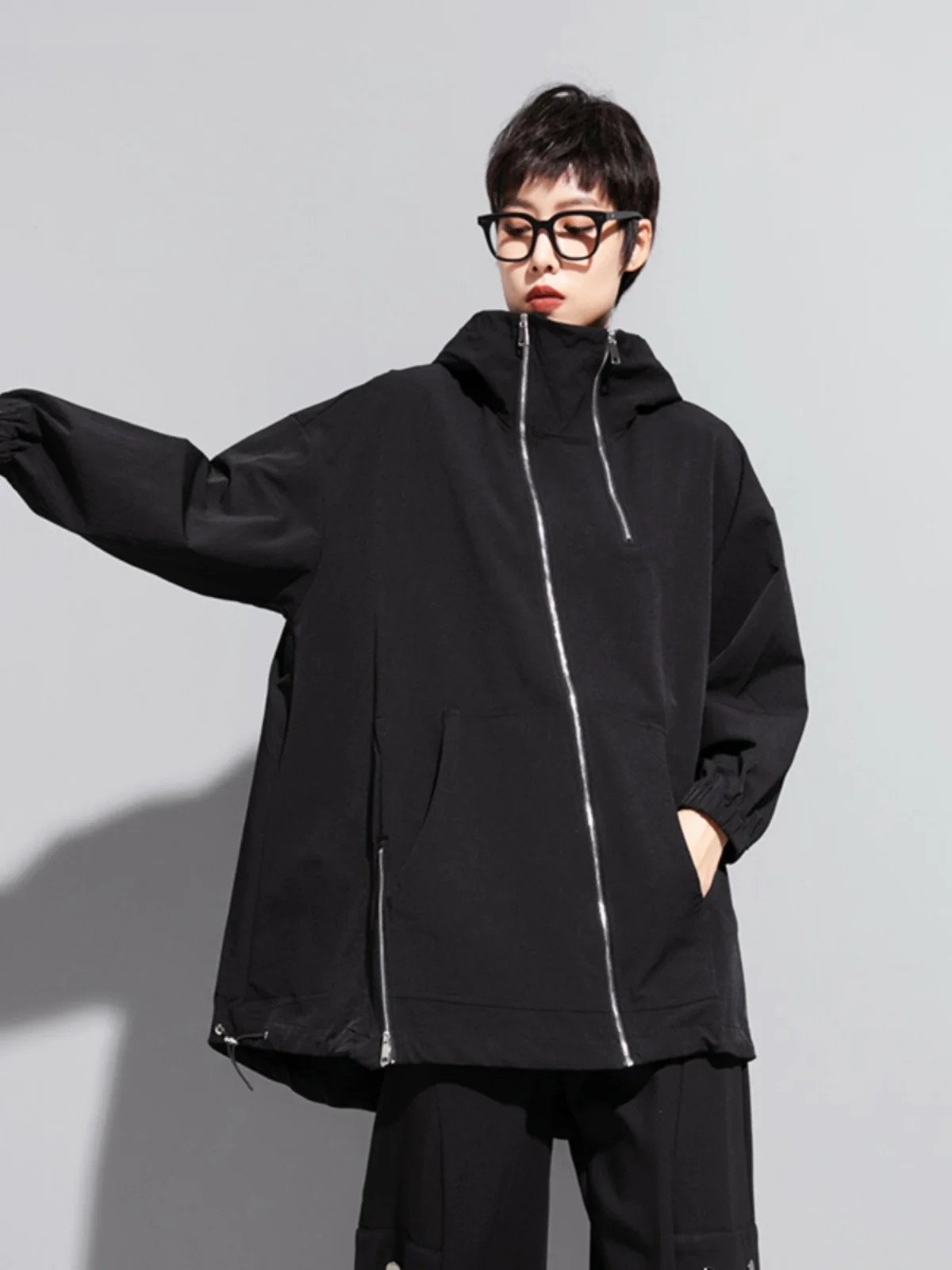 Street Style Women's Long Sleeve Hooded Jacket Dark Series Mountain Wind Spring Autumn Zipper High Collar Medium Length Coat