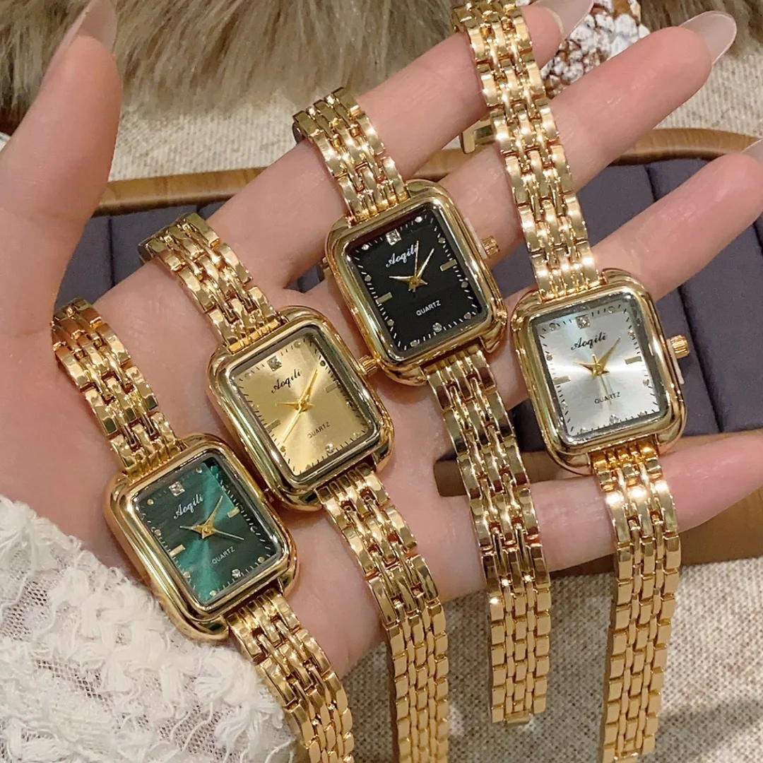 

Простые кварцевые часы для женщин, ретро золотой ремешок из сплава, женские часы, наручные часы с маленьким квадратным циферблатом, подарочные часы, женские часы Reloj