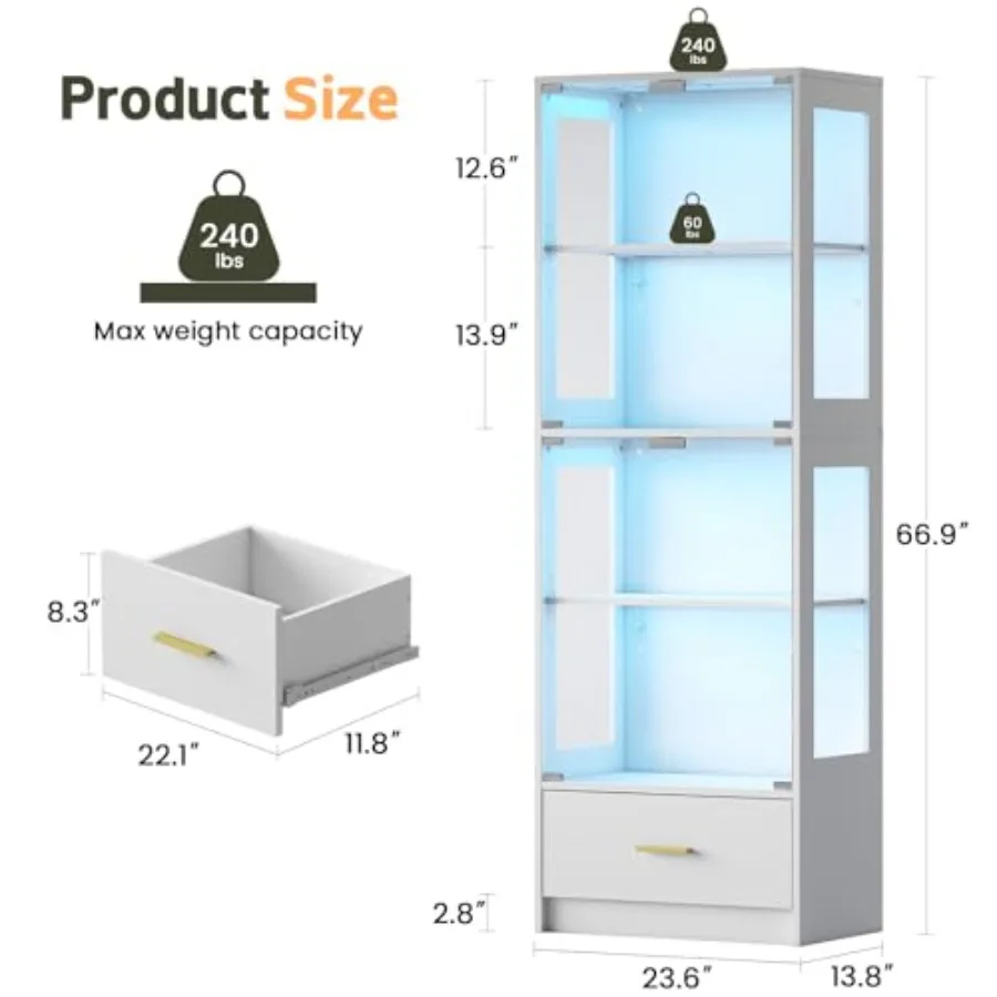 Glass Display Cabinet with Doors - Curio Cabinet for Collectibles, 67 White Narrow Cabinet with Dynamic LED Lights, 4-Tier Shel view 2