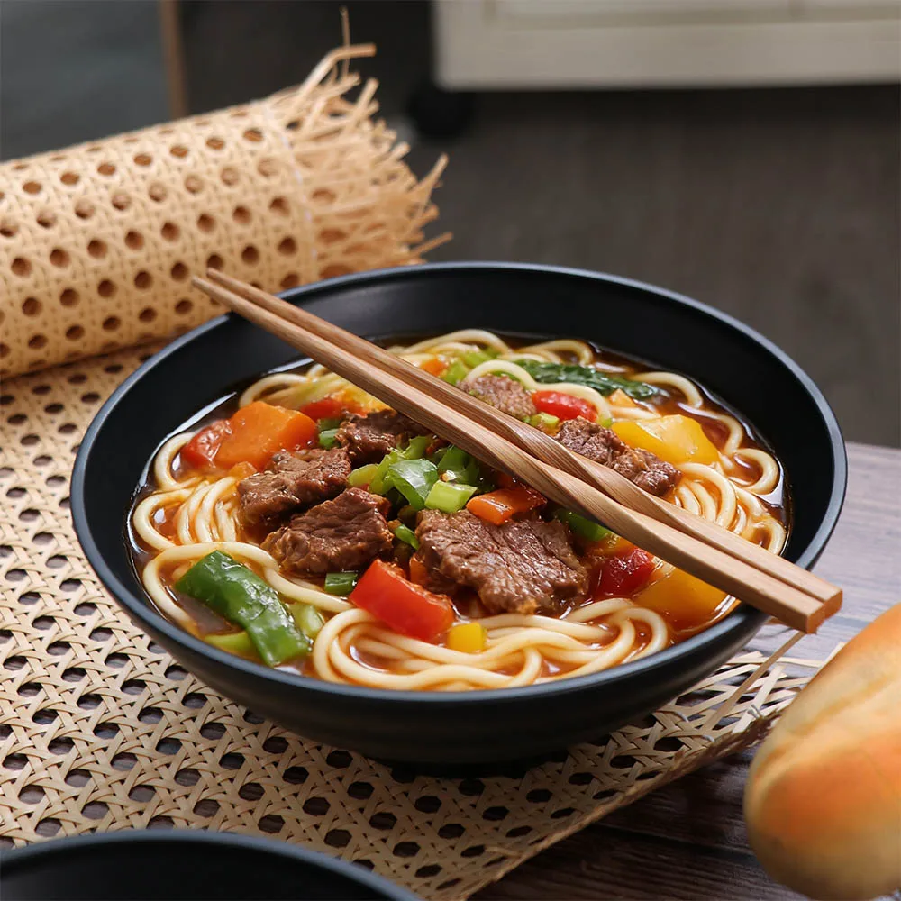 Melamine Ramen Bowl Pure Black Japanese Style Fruit Salad Bowl Large Capacity High Temperature Resistance Noodle Bowl Rice
