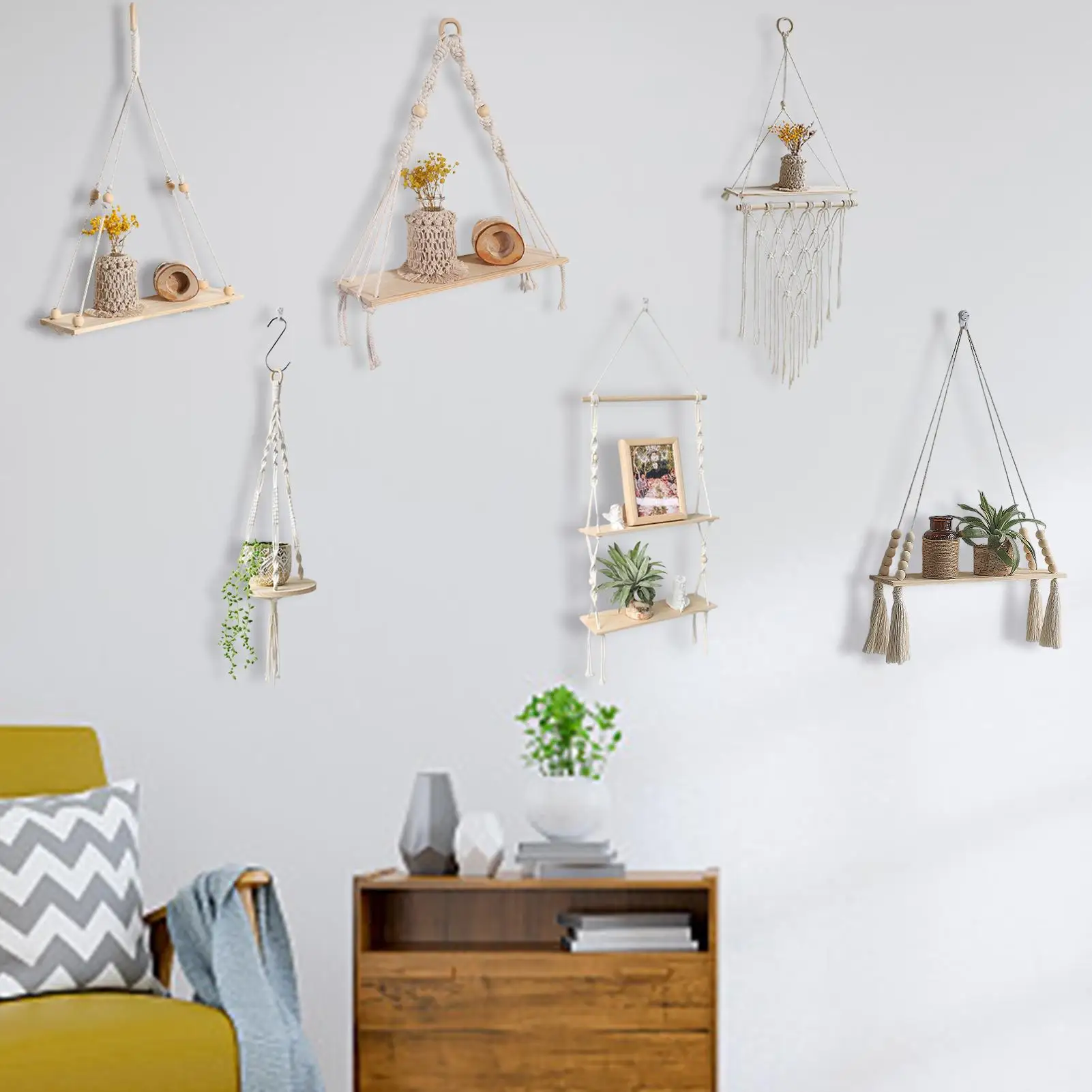 Bohemian Style Decor Wooden White Shelves With String Nordics Display Shelves Wall Mounted Tapestry Shelf Storage Organizer