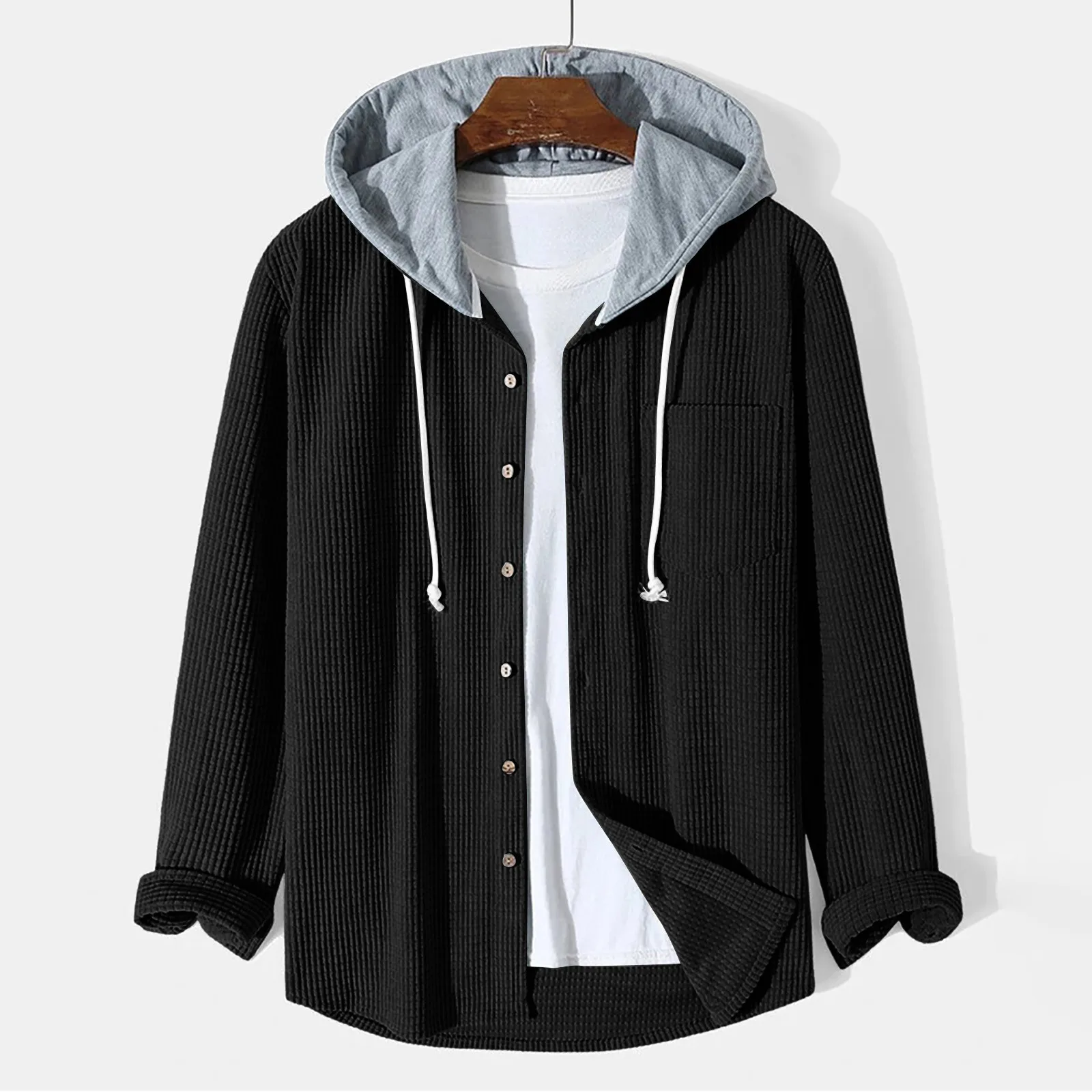 

Men's Autumn And Winter Thickened Solid Colour Casual Textured Fashion Hooded Sweatshirt Hoodie Men Full Zip Hoodie