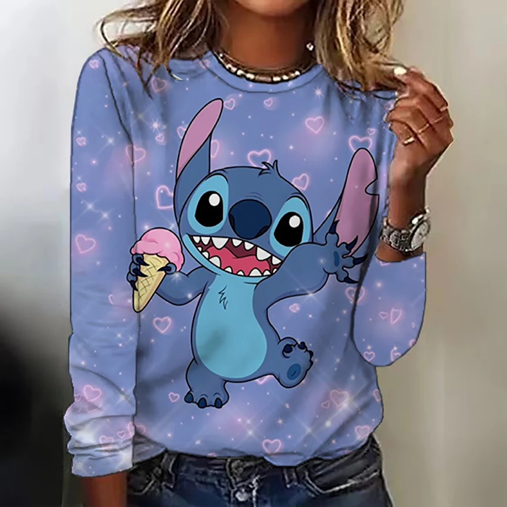 Kawaii Lilo Stitch Print T-shirts Tops for Women Lady Autumn Children T-shirts Casual O-neck Ohana Stitch Disney T-shirts