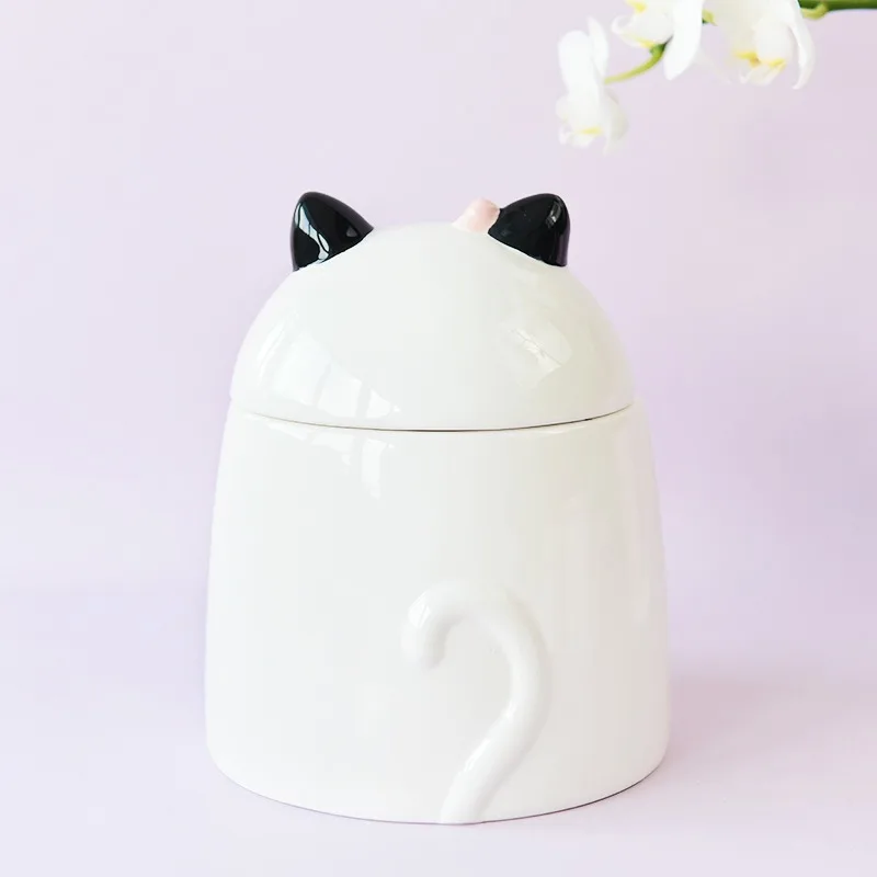 Ceramic Jar with Lid Cute Cat Ear Sealed Moisture Proof Jar Ring Necklace Jewelry Box Candy Grain Jars Kitchen Storage Container