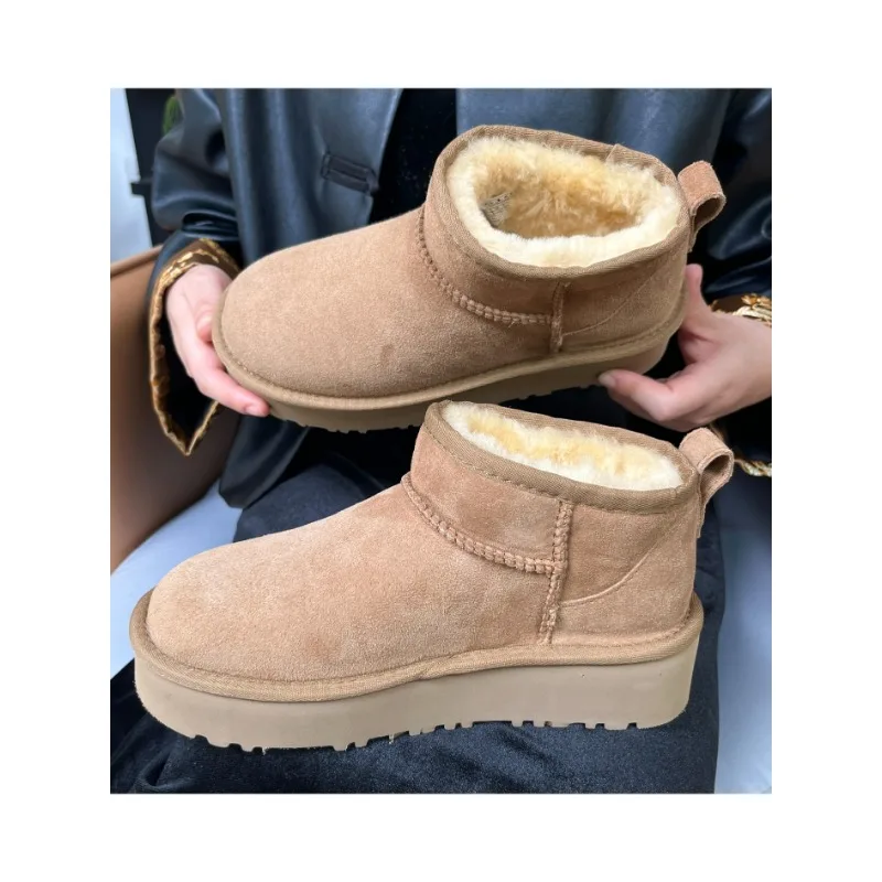 Genuine leather and wool sheep winter thick warm boots 4cm high sole versatile low cut snow boots