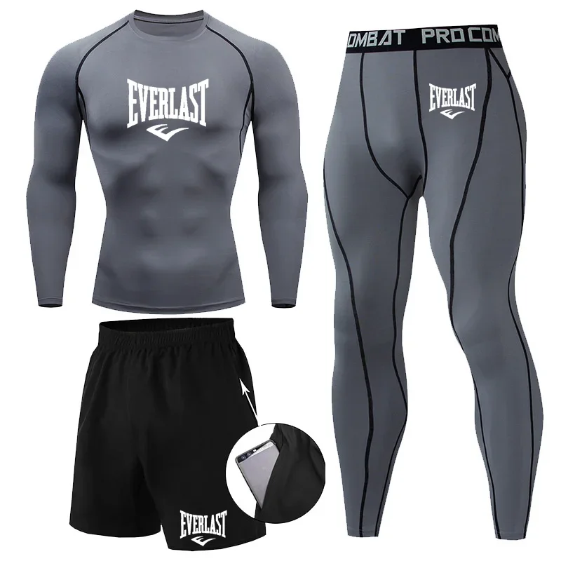 EVER/LAST Preto Ternos Masculinos Camisas de Compressão Leggings Elasticidade Fitness Ginásio Correndo Respirável Secagem Rápida Conjuntos Masculinos
