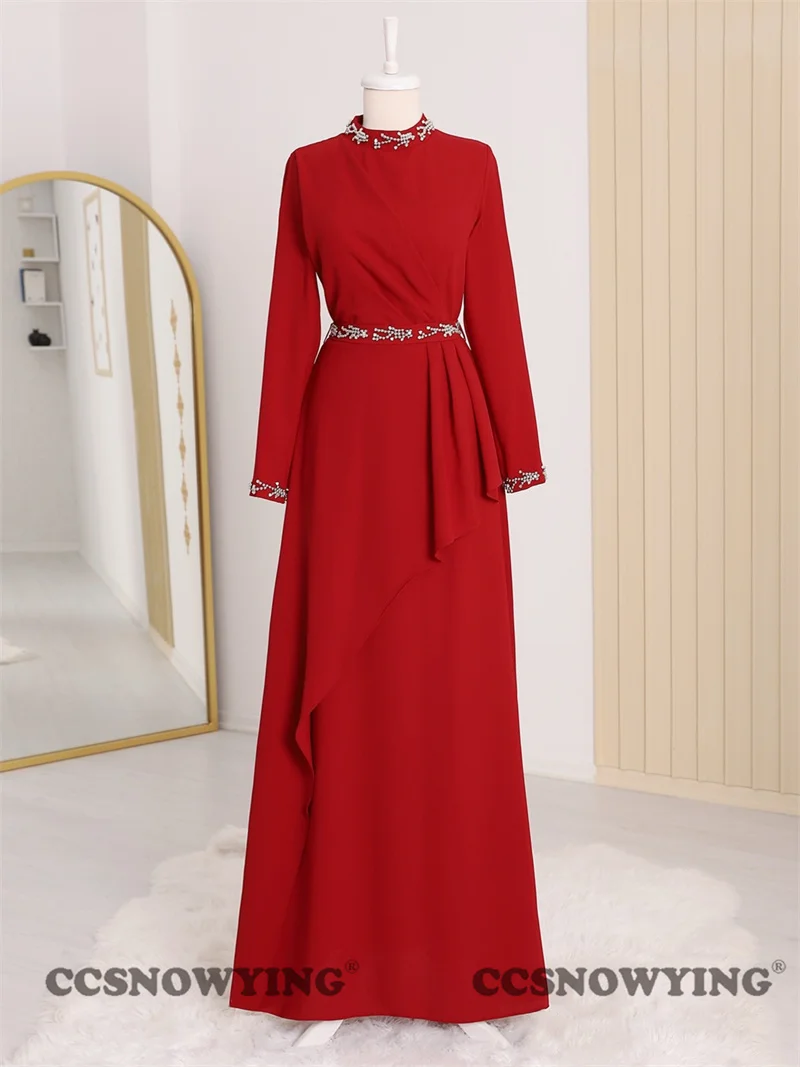 

Long Sleeve Muslim Evening Dresses Chiffon Beaded Hijab Formal Party Prom Gown High Neck Arabic Islamic Robes De Soirée