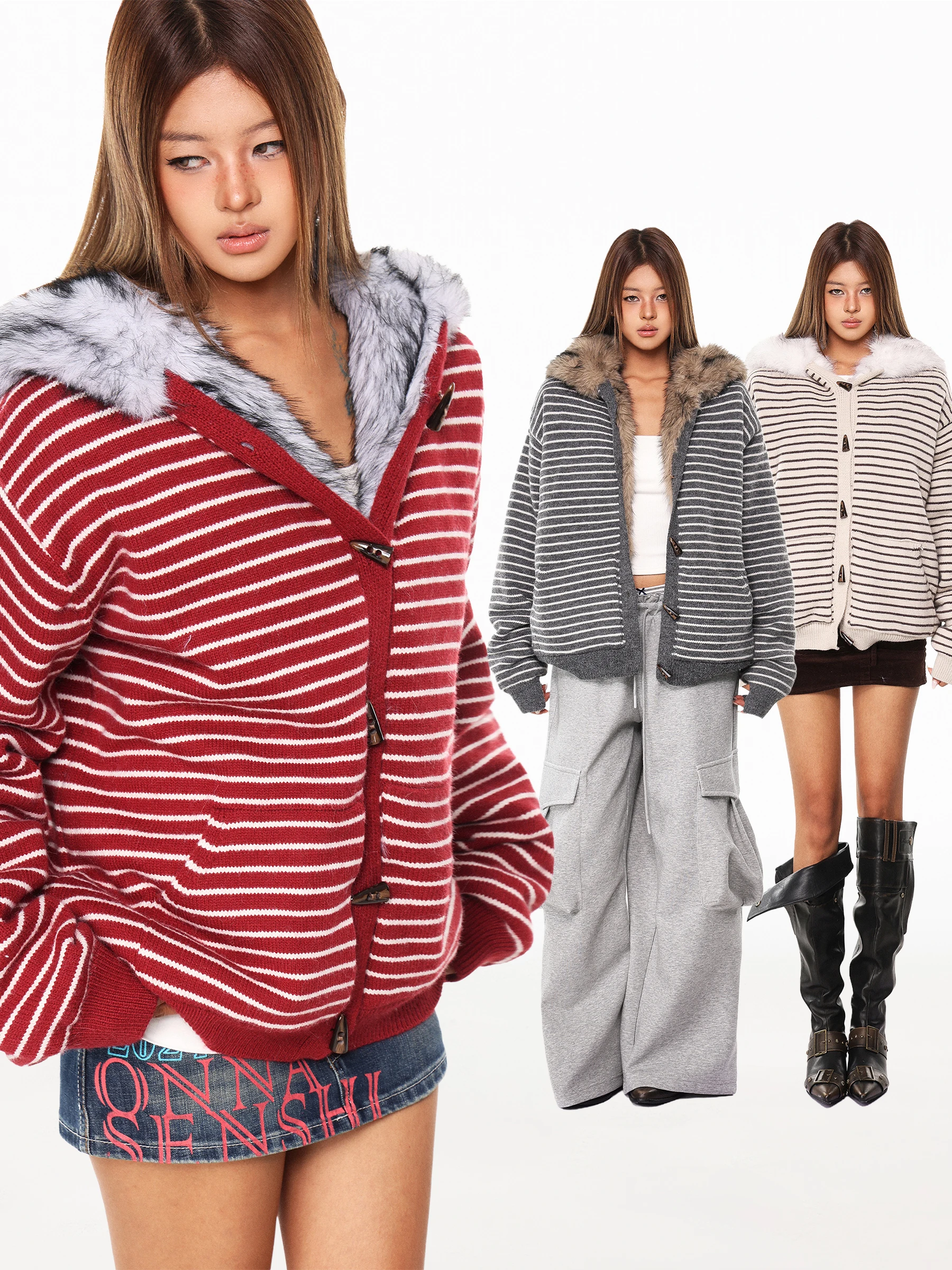 

Женский зимний теплый кардиган с капюшоном на подкладке, свободного кроя, в полоску, в американском стиле, для дерзких девушек...