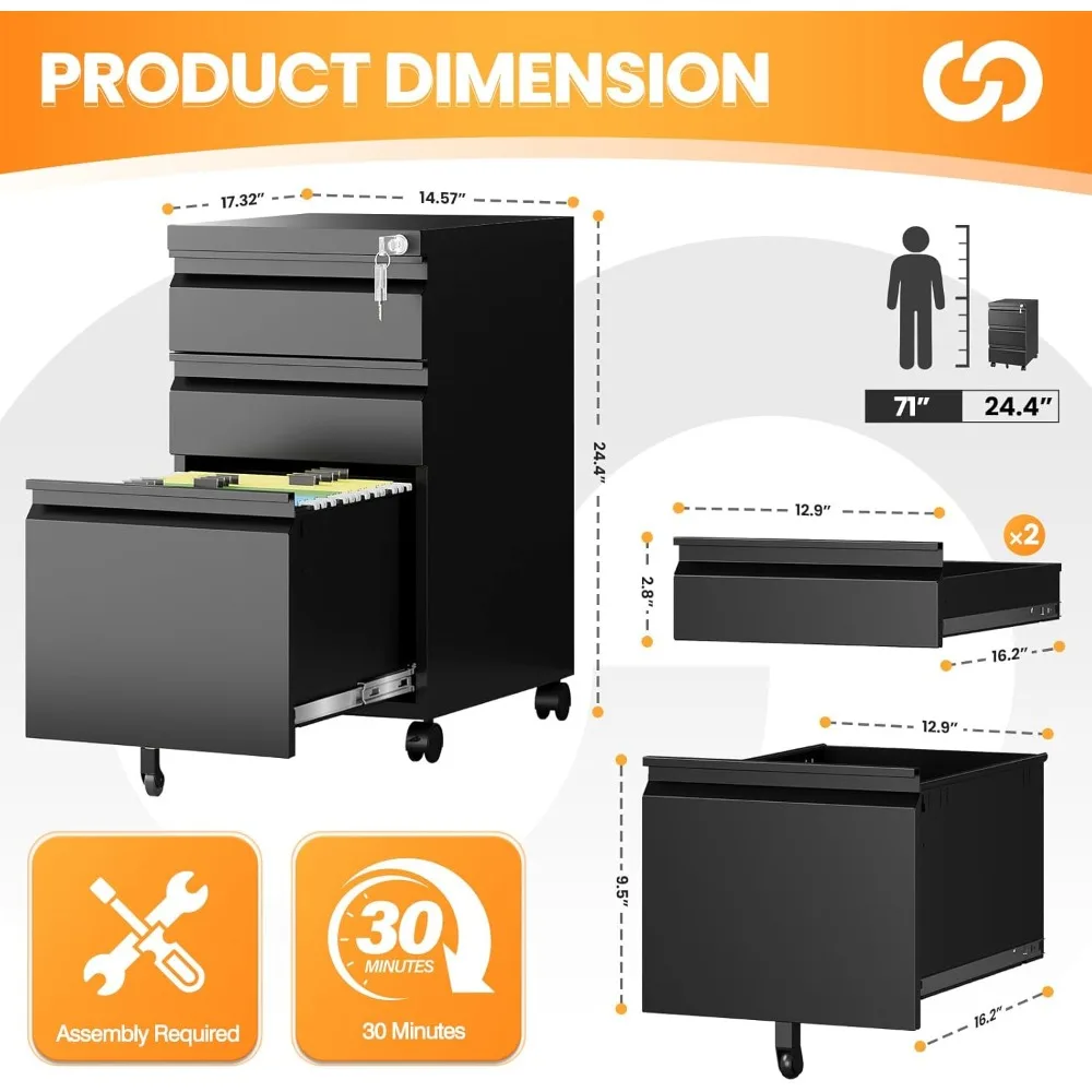 خزانة ملفات معدنية متنقلة مع قفل، خزانة تخزين دوارة ذات 3 أدراج للمكتب المنزلي، خزانة ملفات مجمعة بالكامل على عجلات