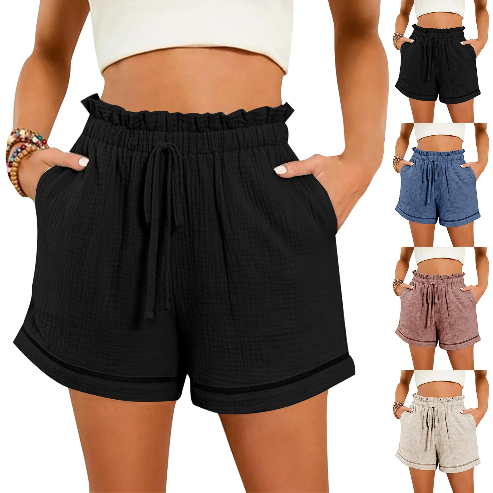 Women High Waist Casual Shorts Shorts Ruffle Elastic Waistband Drawstring Summer Loose Wide Leg Short Pants Streetwear