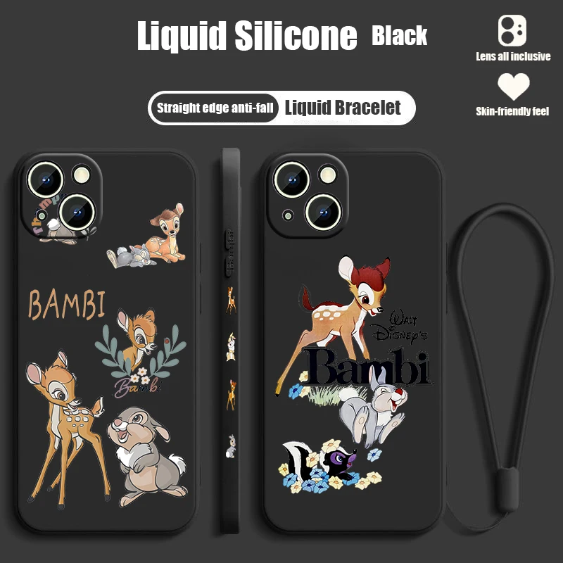 Disney Bambi Cartoon For iPhone 15 14 13 12 11 Pro Max 8 7 Plus XR XS X Liquid Left Rope Phone Case