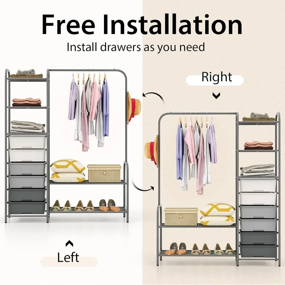 Tangkula Heavy Duty Clothes Rack with 6 Removable Drawers, 3-Tier Open Shelves & 2-Tier Metal Shoe Rack, Side Hook