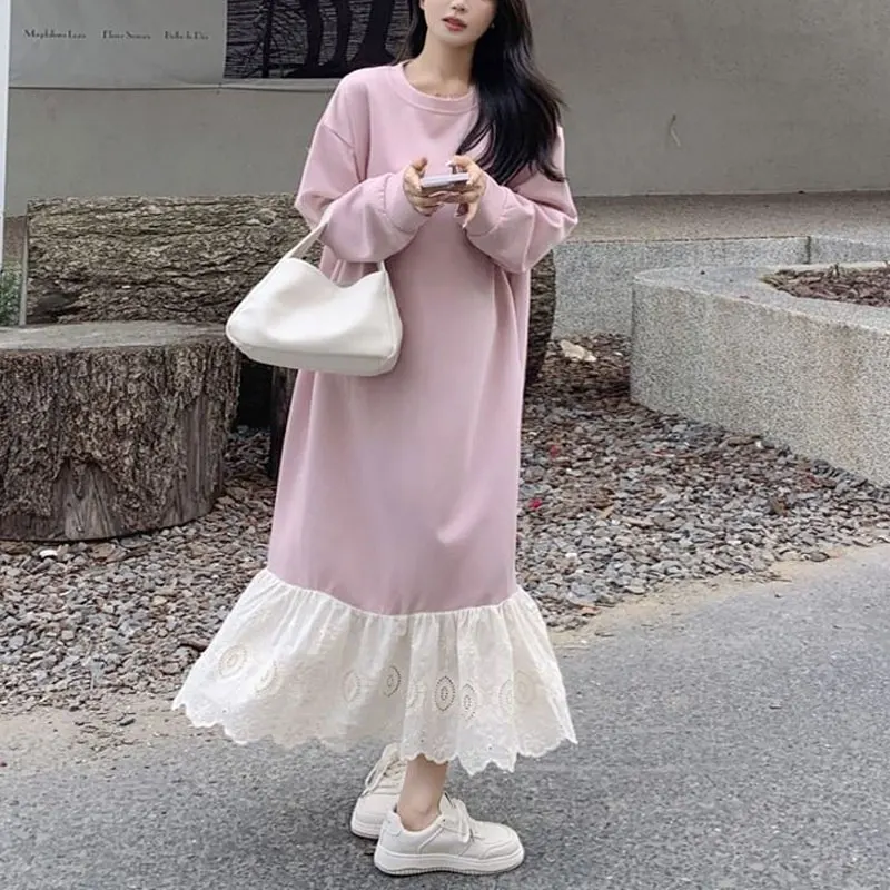 

Fashion Lace Patchwork Dresses Women's Clothing Basic Solid Color Spring Autumn Long Sleeve Loose Casual Round Neck Long Dress