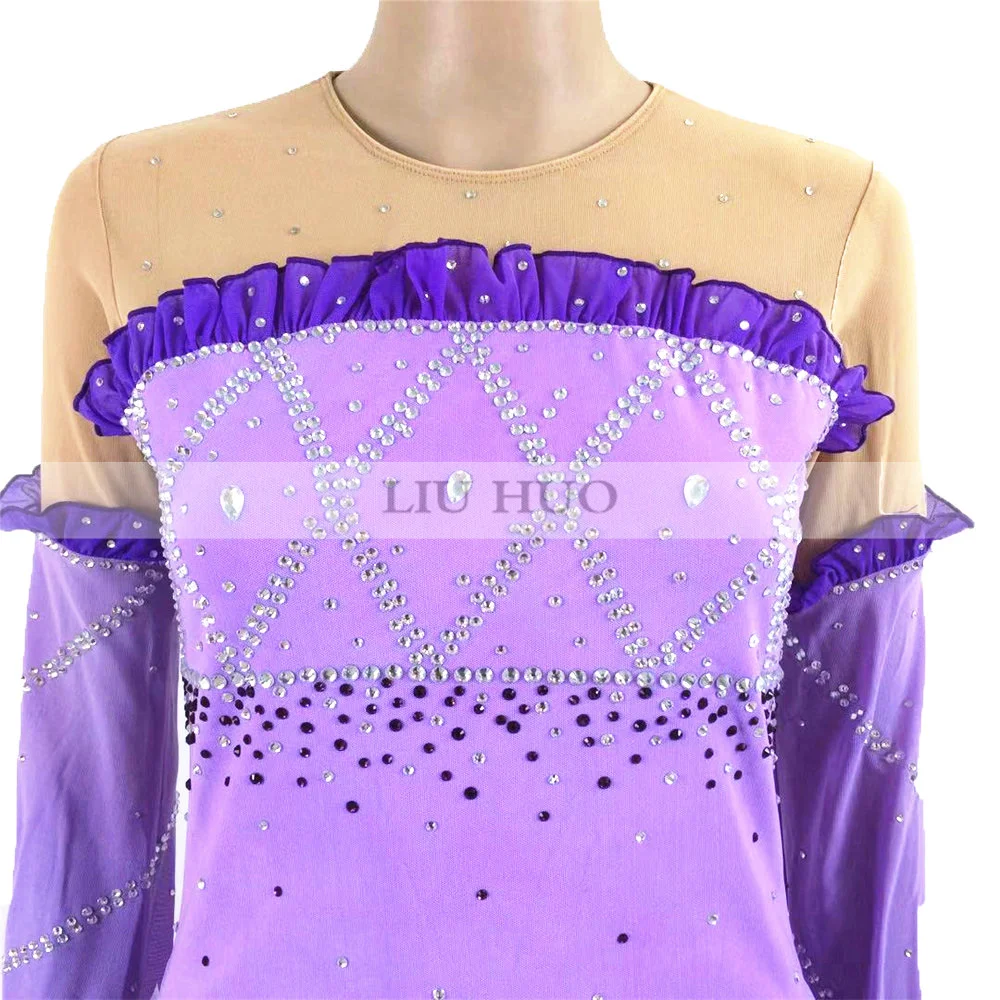 LIUHUO フィギュアスケートドレス女性女の子 Aldult アイスパフォーマンス体操競技ダンス衣装紫長袖バレエ