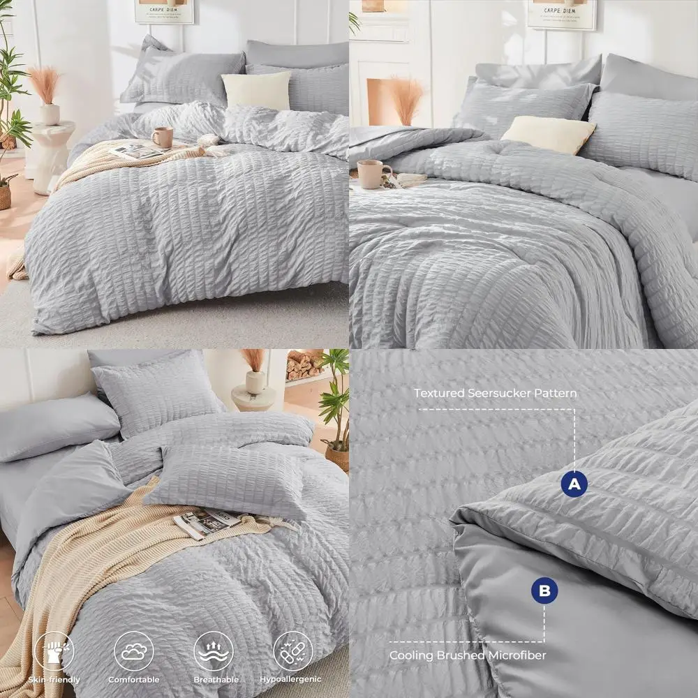 

Комплект постельного белья из 3 предметов (пододеяльник, наволочки) из сирсакера, светло-серый, размер Queen, с застежкой-молнией и 8 завязками