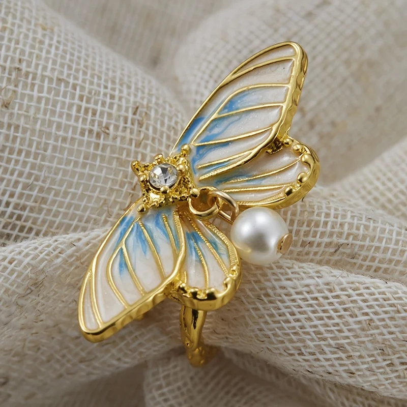 Exquisiter handgefertigter blauer Schmetterling-Ring mit eingelegten Imitationsperlen, verstellbar, Schmuck für Damen, für den täglichen Gebrauch, Bankette, Partys und Geschenke.