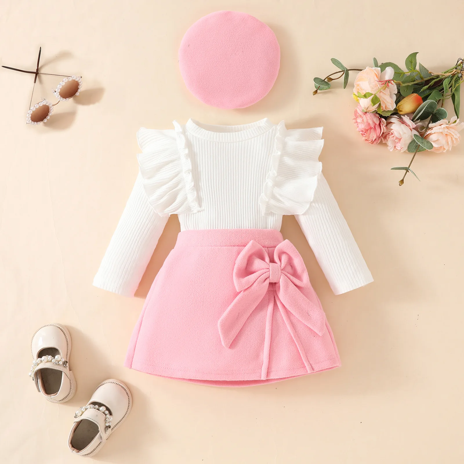 3PCAutumn 1-3 Years Old Baby Girl Clothes Set Fashionable Foreign Style Lotus Leaf Side Length Sleeve Top+ Bow Skirt Hat Outfit