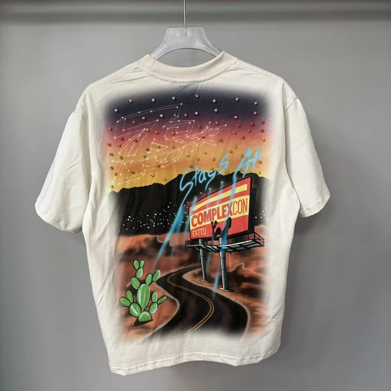 Embroidery Rhinestone Triple Sevens Night City Street Cartoon Duck Graphic T Shirt Men Women Loose Casual Short Sleeve Tops Tee