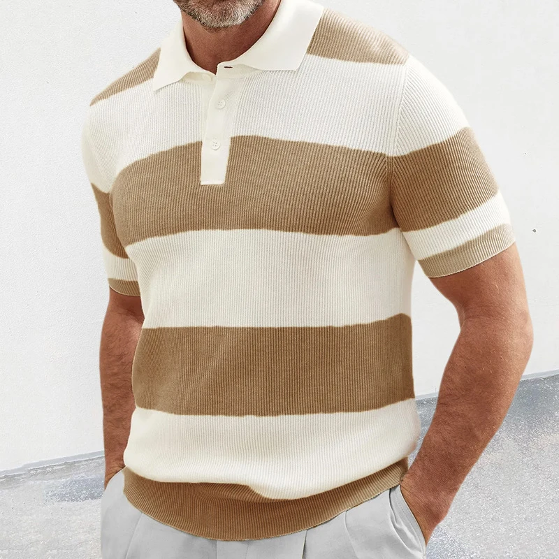 

Trendy Knitted Polo T Shirts Mens 2025 Summer Fashion Striped Knit Jumper Tops Men Vintage Patchwork Striped Knitting Polo Shirt