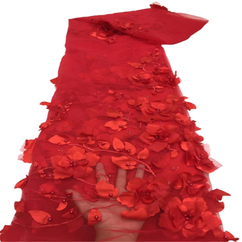 

Red African Lace Fabric Embroidered Nigerian 3D Lace Fabrics 2022 High Quality French Tulle Lace Fabric With Beads
