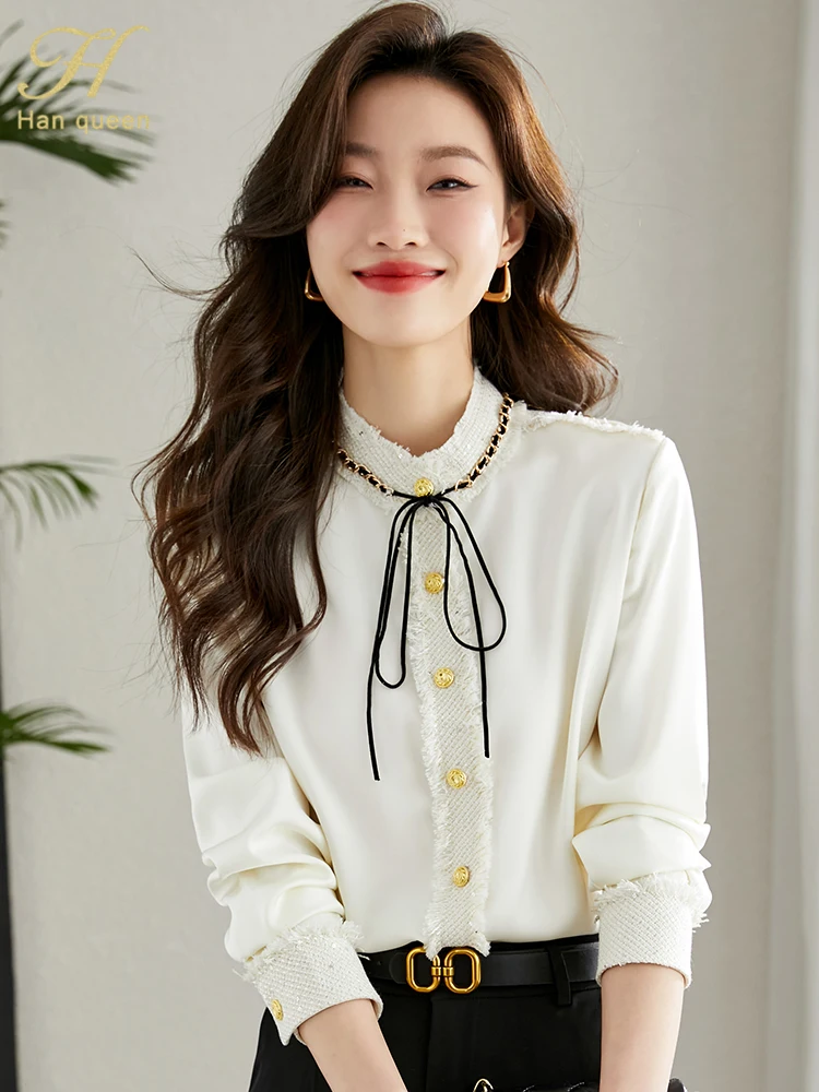 H Han Queen New Arrival Spring Autumn Shirts Women\'s Blouses Vintage Work Casual Top Chiffon Blouse Elegant Lace-Up Loose Shirts