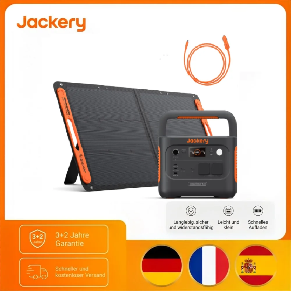 Jackery E1000 v2 Tragbare Powerstation mit 100W Solarpanel mit Kfz-Ladekabel, 1070Wh LiFePO4 Solargenerator, 1 Std. Schnellladung, für Outdoor Camping, Wohnmobil, Notfall