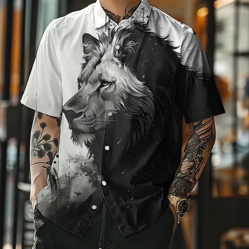 3d Black White Animal Print Men\'s Shirt Fashion Casual Short Sleeve Shirt Retro Loose Oversized Hawaiian Shirts For Men 2024 Top