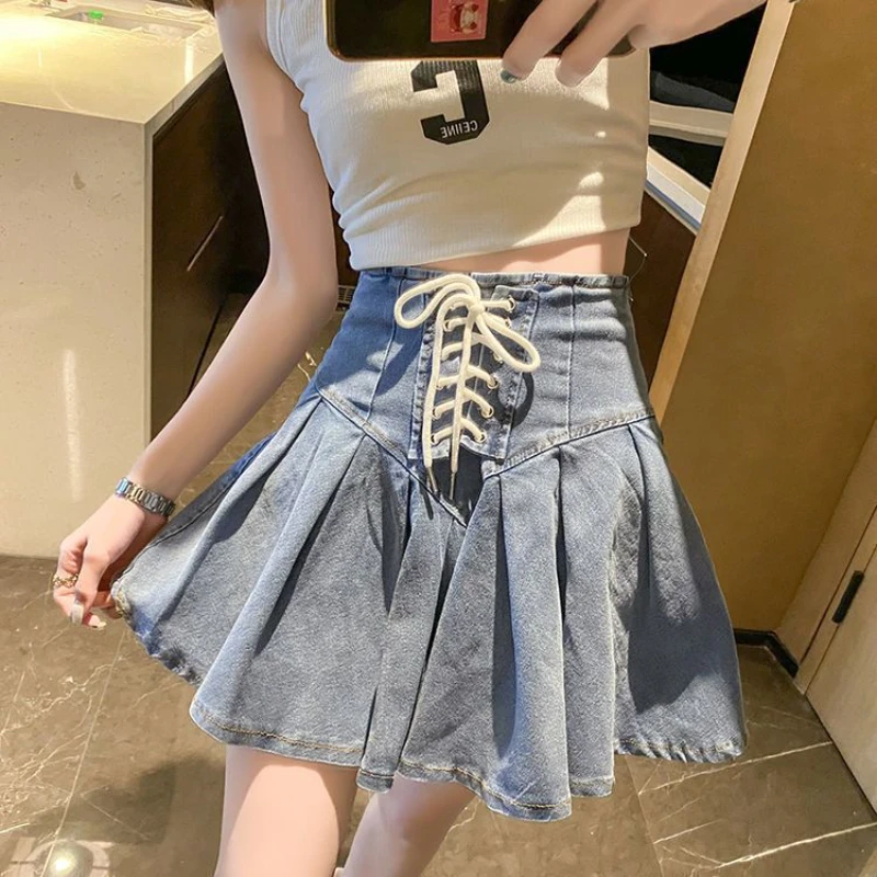 Deeptown Denim Pleated Skirt Woman Coquette Fashion Mini Skirts Vintage Y2k Sexy Slim Up High Waist Casual Retro Short Skirts