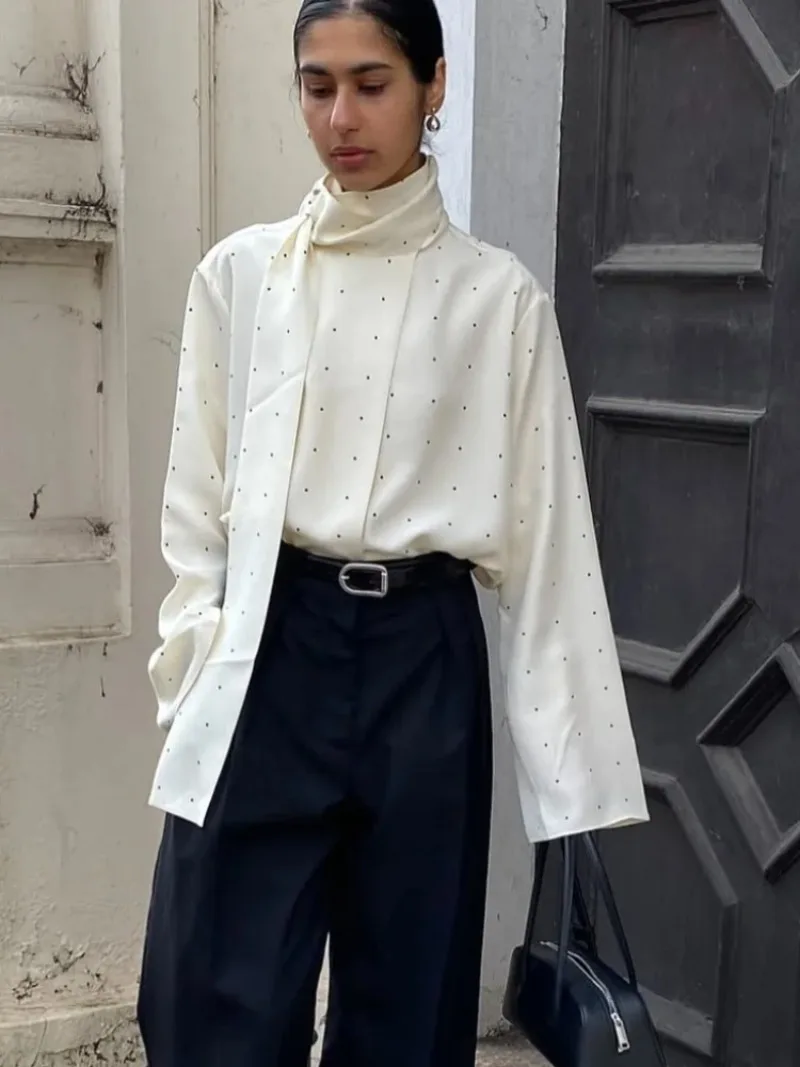 

Loose Basic Shirt Lady Autumn New Highstreet Commute Wear Satin Scarf Neck Polka Dot Printing Women Blouse Fashion Full Sleeve