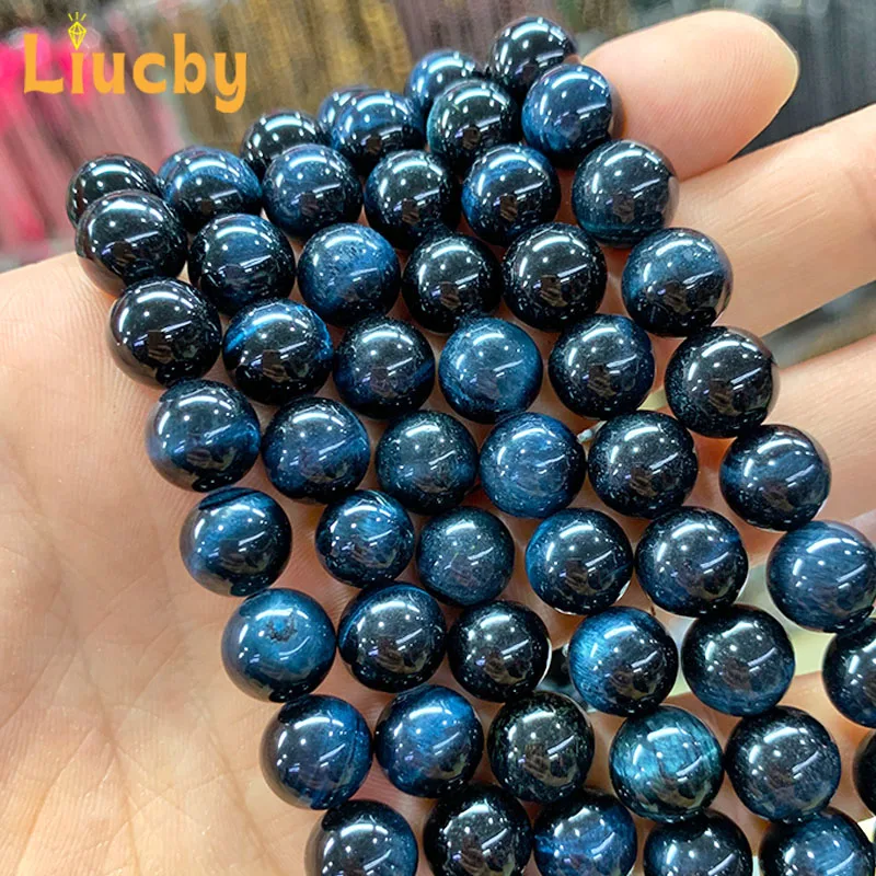 Ink Blue tiger's-eye Natural Stone Smooth Beads DIY Accessories Decorative Handstring For Jewelry Making 15