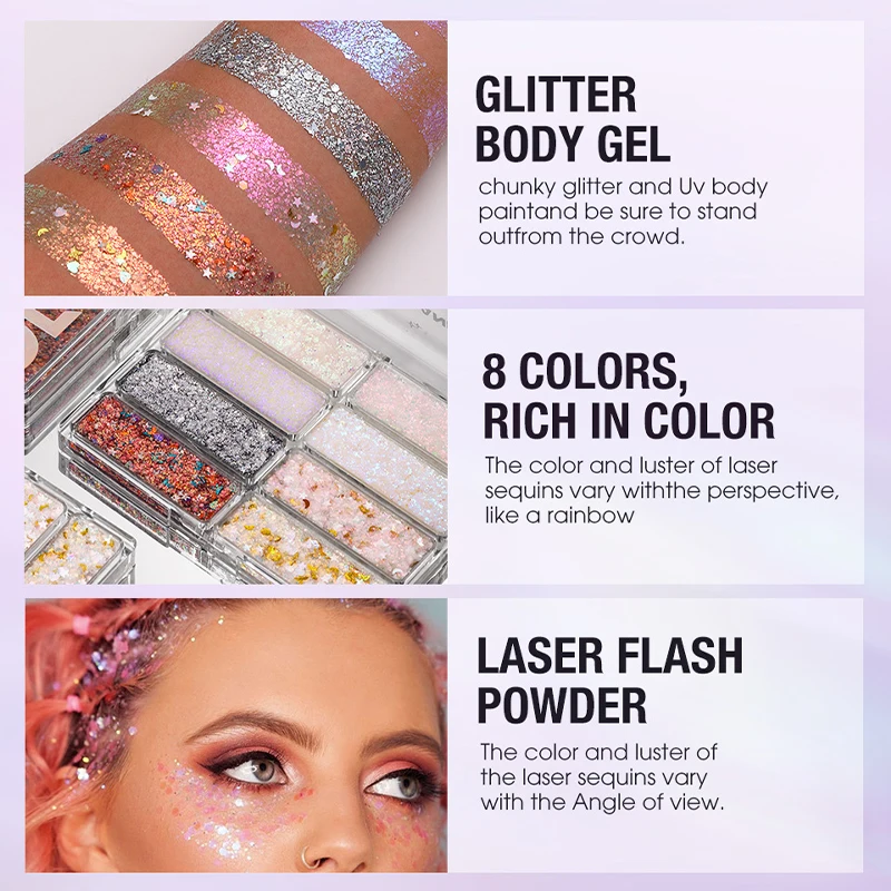 8-Color Body Glitter Palette, Sparkling Shimmer Powder & Sequins for Face Body Art, Festival Party,Satge Makeup Set