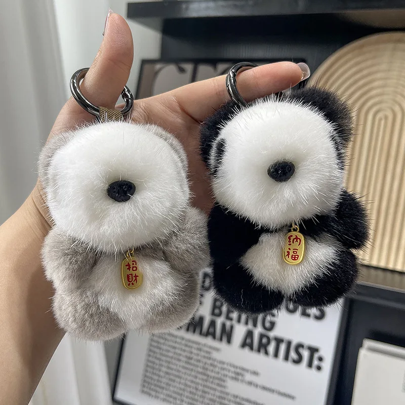 Cute Real Mink Fur Keychain Plush Panda Pendant Kids Toy Women Bag Charm Trinkets Car Metal Key Rings Rear View Mirror Ornaments