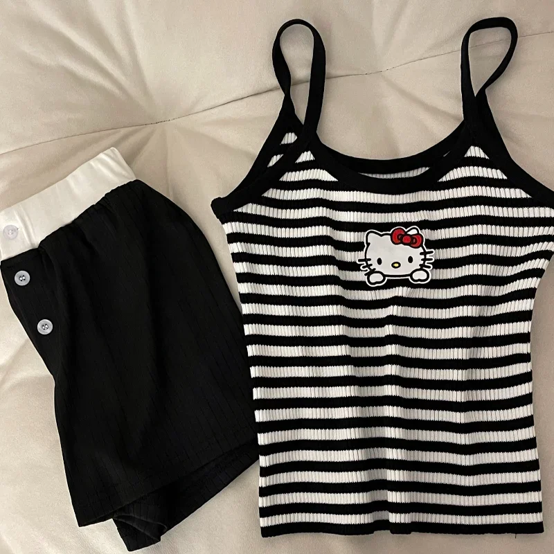 

new Hello Kitty pajamas summer cotton cartoon suspenders shorts two-piece set casual women's pajamas Sanrio loungewear set