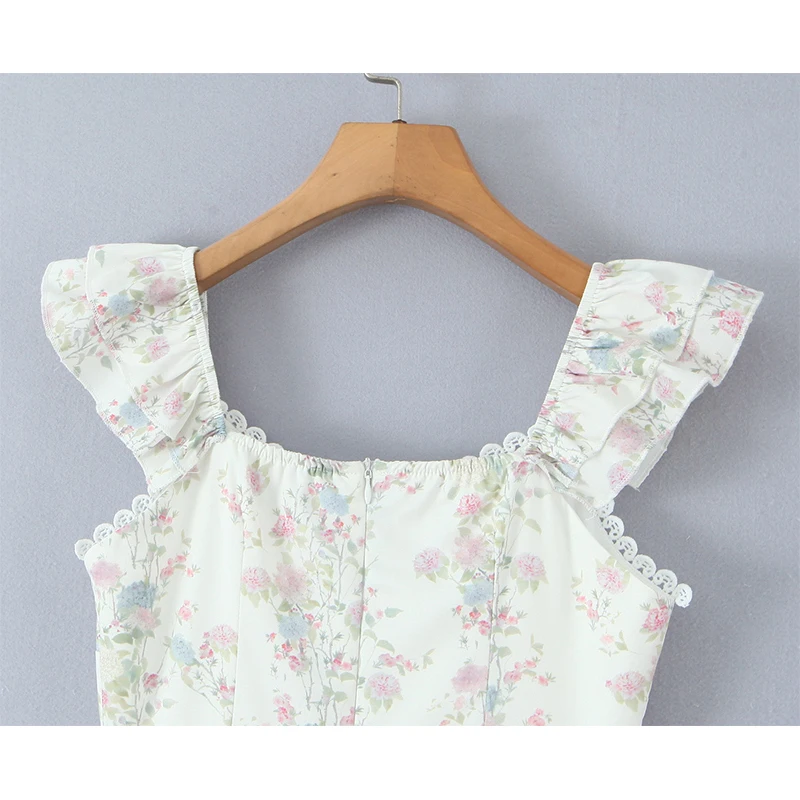 우아한 플로럴 프린트 미니 드레스 여성 스윗 걸 레이스 스플라이스 백리스 A라인 플라잉 슬리브 드레스 2025 신상 여름 휴가 로브