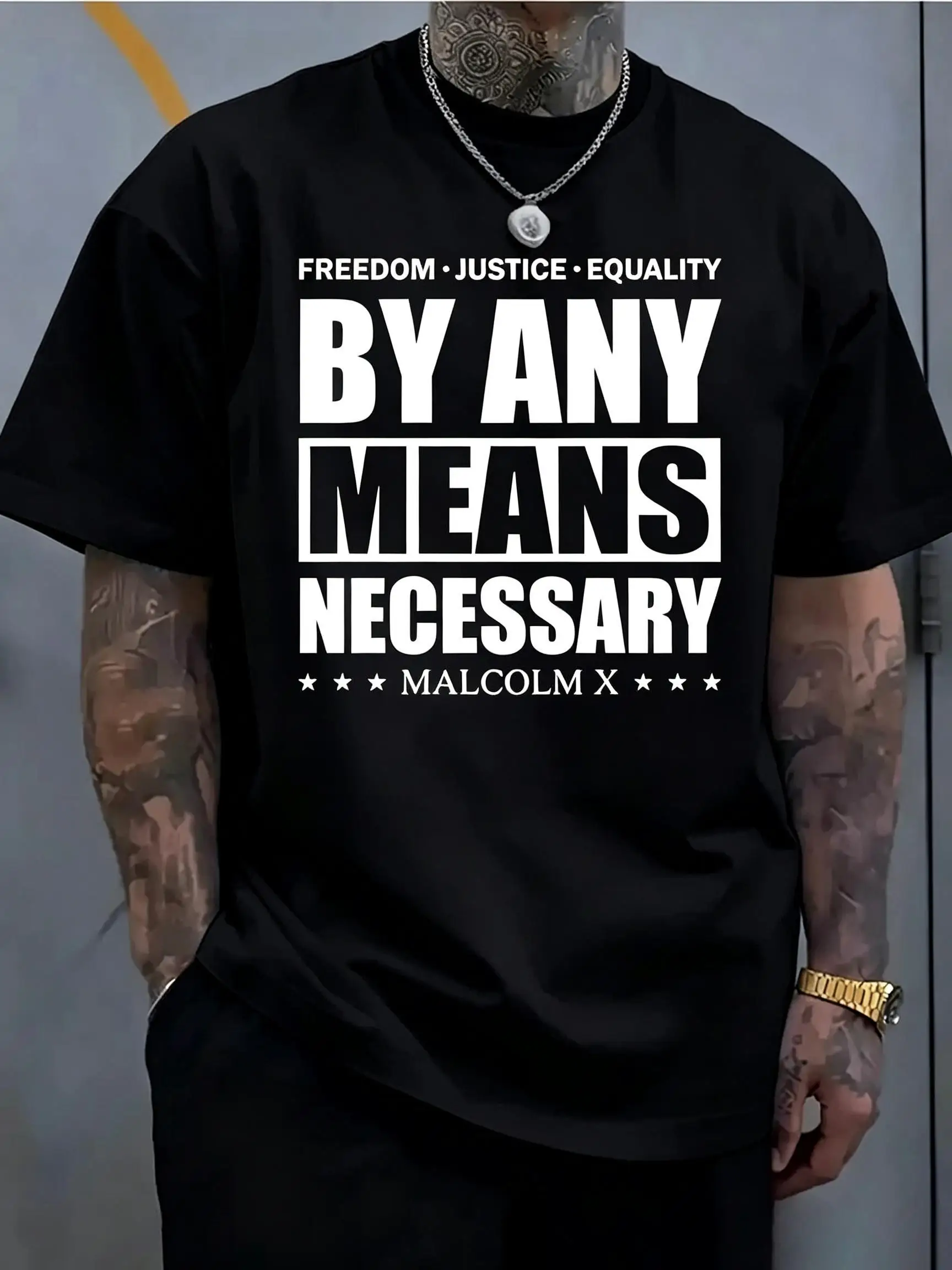 Men's Plus-Size Round-Neck Short-Sleeve T-Shirt with Freedom, Justice, Equality , Classic Quotes, Casual Summer Wear, Outdoor Social Statement Apparel