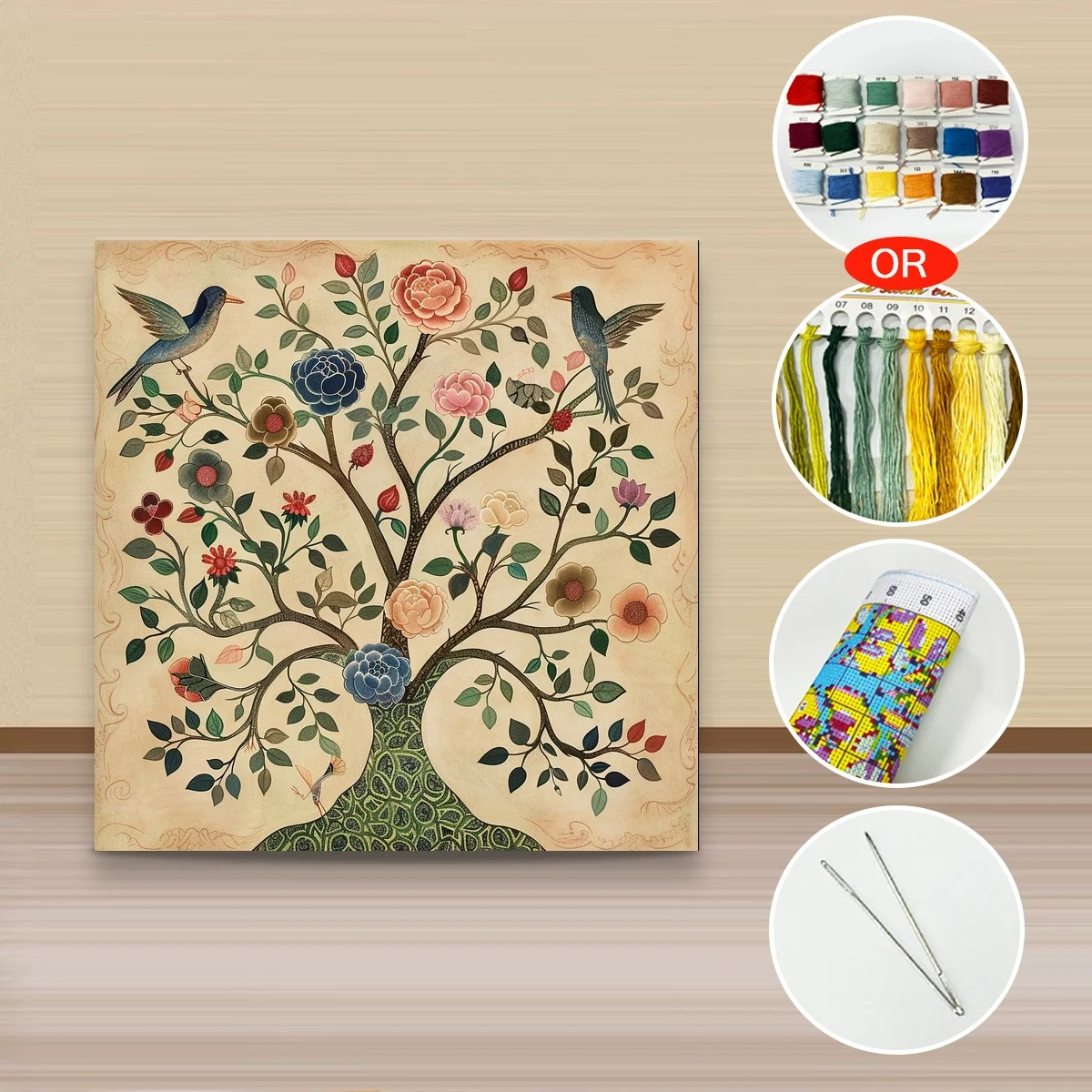 1 Stück 40x40 cm/15,74 Zoll, 11Ct/14Ct Kreuzstich-Set, DIY Valentinstagsgeschenk, Stickerei-Set für Festlichkeiten, Vogel, Blume, Lebensbaum – Detail 3