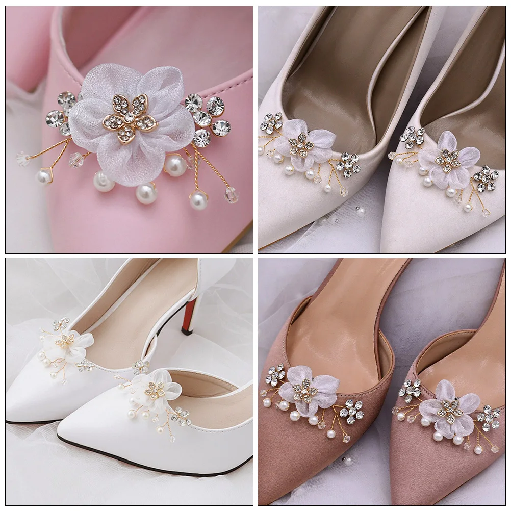 

1Pair Rhinestone Shoe Flowers Flower Shape Buckles For Bridal Wedding Party Shoe Clips Removable Accessories Korean Style Pearl