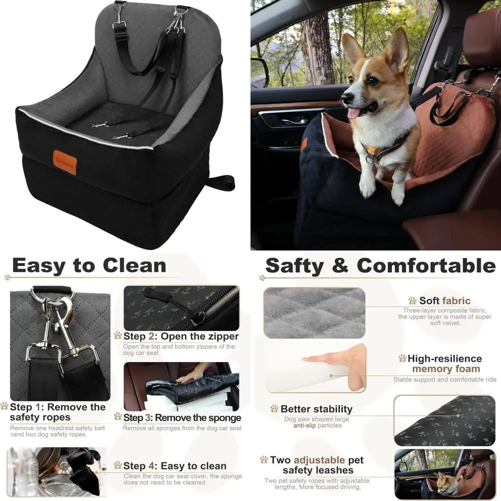 

Elevated Pet Car Seat for Small Dogs up to 35 lbs with Safety Leashes, Storage Pockets, Non-Slip Base - Black/Grey