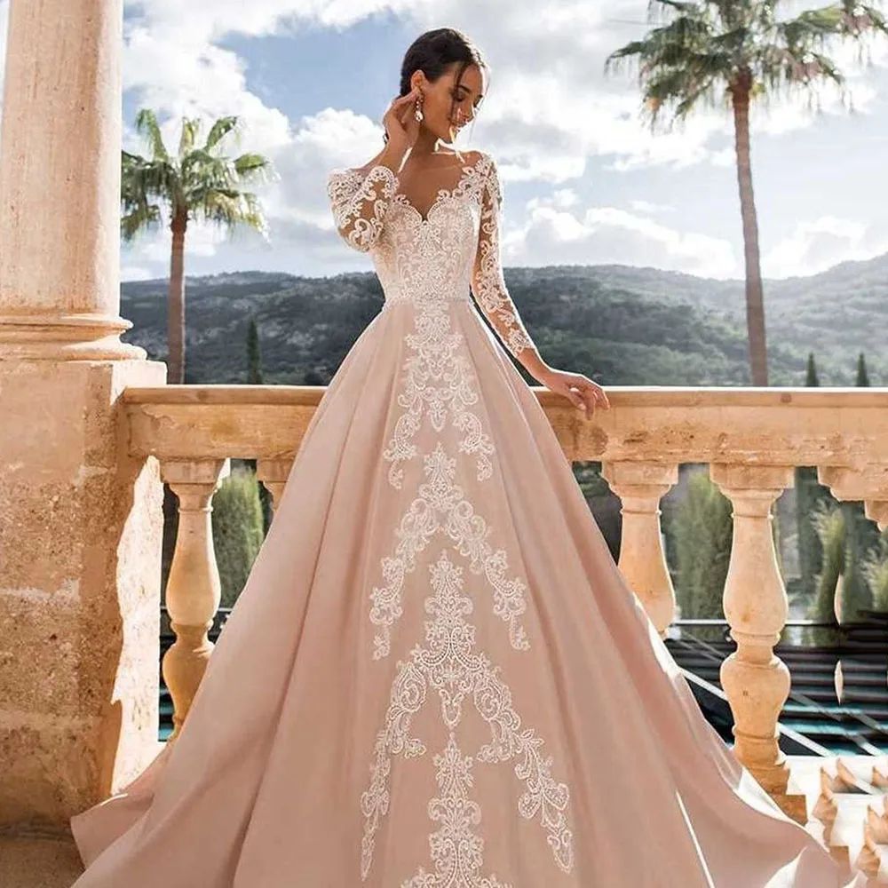 Msikoods-vestidos de novia de línea A con apliques de encaje, manga larga, vestido de novia bohemio, cuello en V, elegante, satén suave, vestidos de fiesta de boda 2024