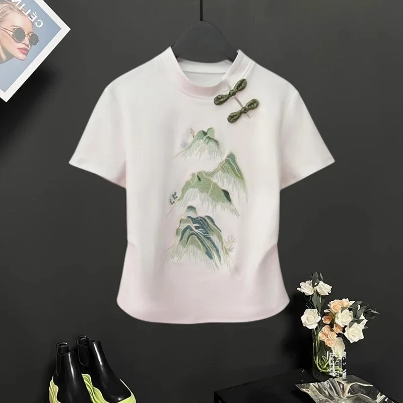 

Cotton Chinese Style Women's T-shirt Summer New Embroidery Tees Short Slim Fit Tops O-neck Clothing Sales Korean Women T Shirt