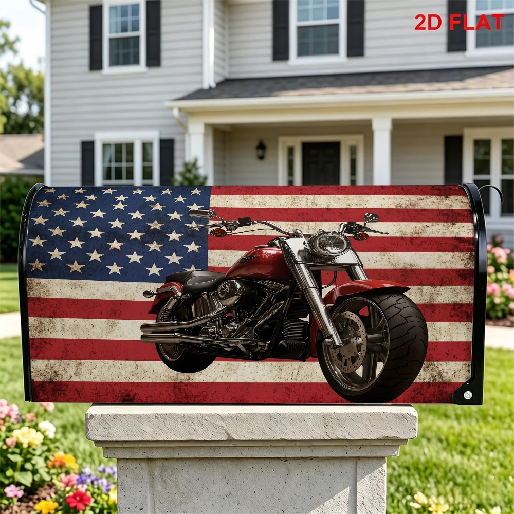 Vintage American Flag Motorcycle Mailbox Cover, Retro US Flag Motorbike Mailbox Wrap