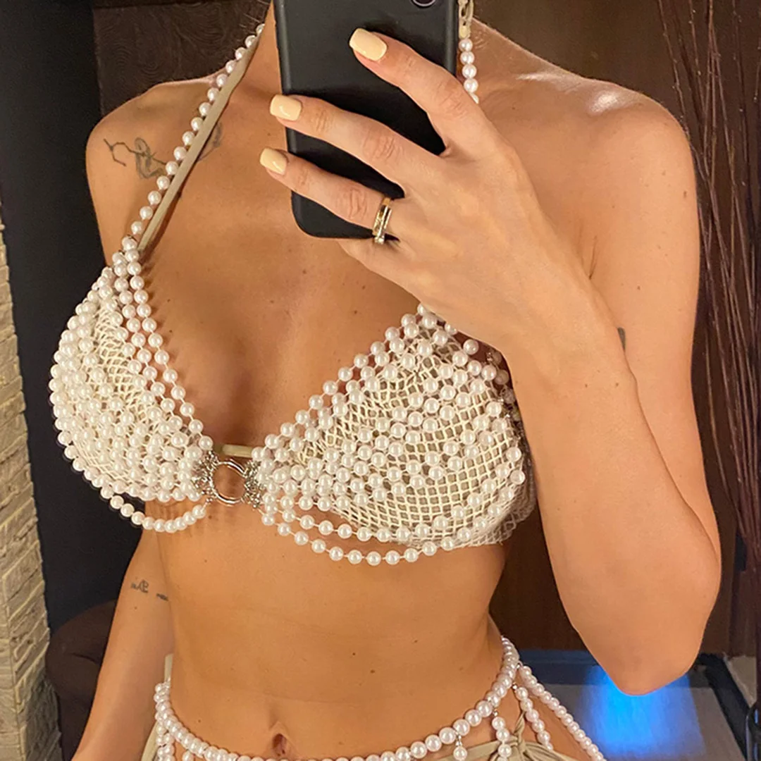 Luxuriöses Perlen-Neckholder-Bikini-Oberteil, durchsichtig, Damen-Badeanzug, Badebekleidung, Badeoberteil, Badeanzug, Badebekleidung, Badeoberteil mit Ausschnitten, Strandtop V5407 – Detail 8
