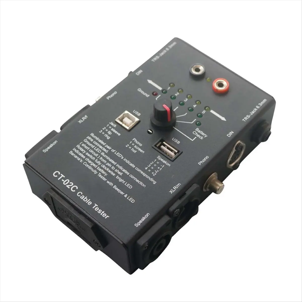 DTC5 CT-02C Cable Tester Line Meter XLR Signal Line Meter 6.3mm Jacks Cable Tester 4-Pin Speakon Multi-Function Line Tester