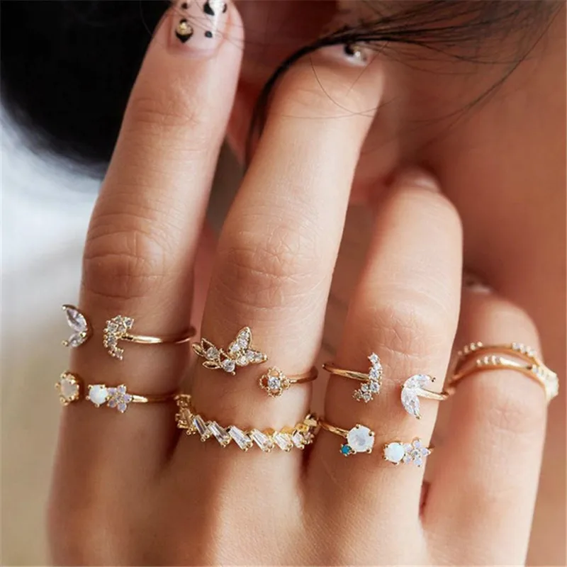 Modyle Bohemian Style New Ring Set Gold Color Love Butterfly Star Moon Set Crystal Wedding Rings for Women Girls Jewelry